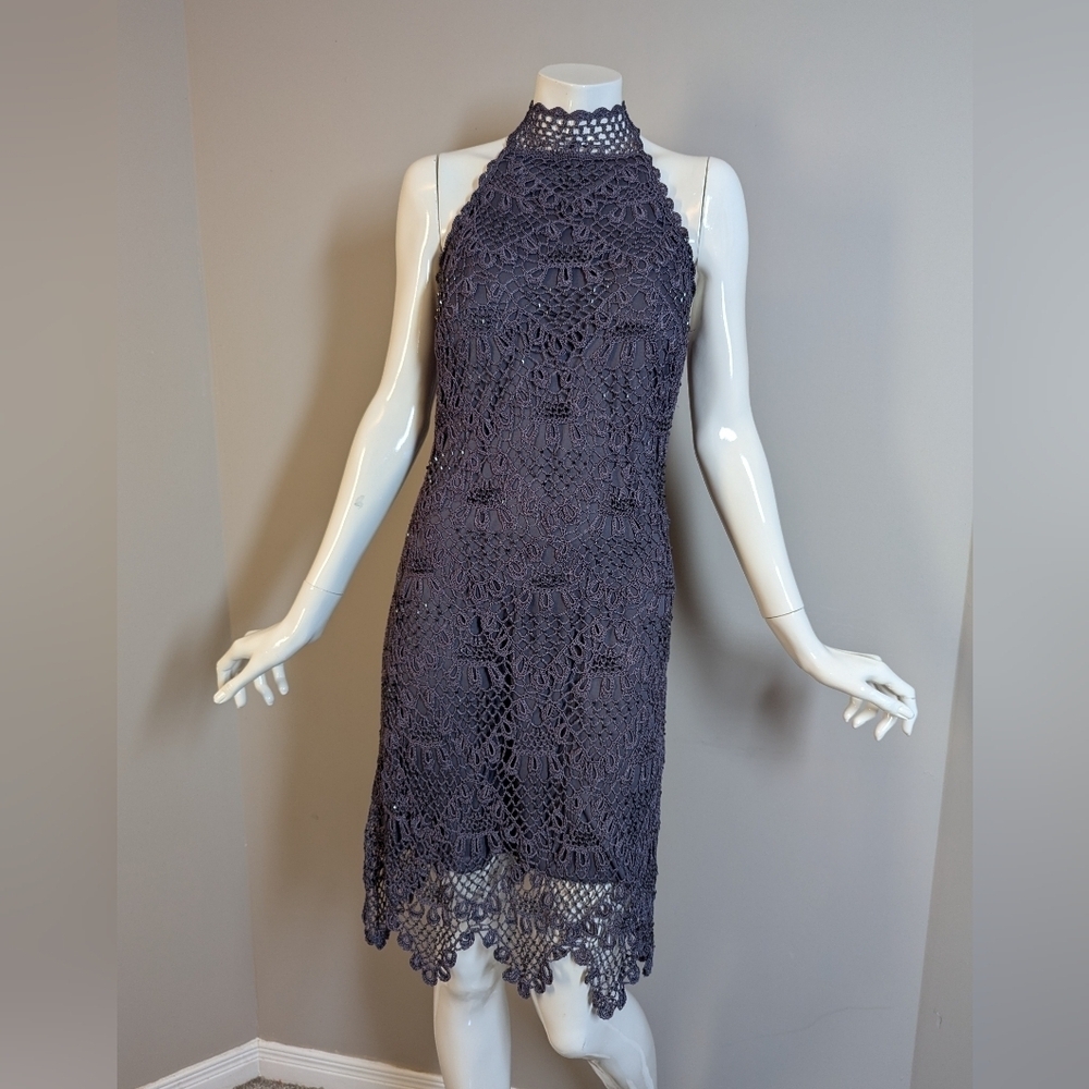Vintage Chateau Beaded Crochet Halter Dress – Purple Grey Midi Size M